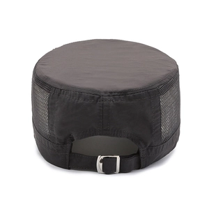 Men's summer flat top military cap in black with breathable mesh panels and adjustable strap