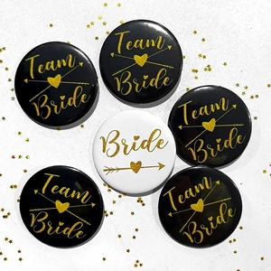 Set of 6 Team Bride and Bride to Be tinplate wedding badges with gold lettering