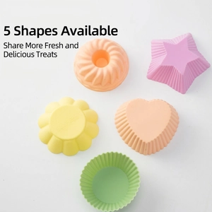 5-piece colorful silicone baking molds in star, heart, and flower shapes for muffins