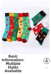 Detail view of colorful Christmas socks set featuring elk, snowman, and Santa motifs