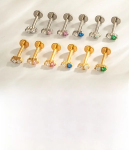 Titanium labret set with zircon inlay in silver and gold plating, 1.2x8mm flat back studs