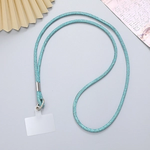 Detail of light blue rhinestone crossbody phone chain with metal hook and clear connector