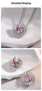 Macro shot of pink heart-shaped pendant and earrings with radiant zircon detailing