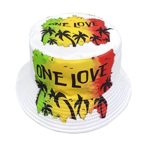 White bucket hat with colorful One Love palm tree print for outdoor sun protection
