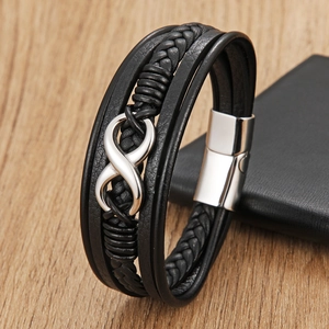 Braided leather bracelet for men featuring a silver infinity charm and magnetic clasp