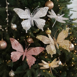 Decorazioni natalizie glitterate a forma di farfalla e libellula con perline