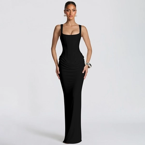 Detailed view of the U-neck and boning structure on this slim fit black maxi dress