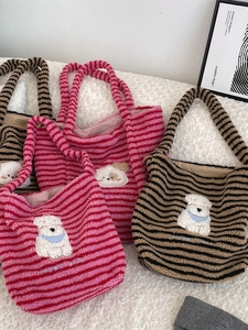 Cartoon Dog Patch Striped Plush Tote Bag Soft Lamb Wool Shoulder Handbag Women Casual Large Capacity Cozy Winter Style