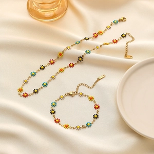Daisy Flower Pendant Necklace Bracelet Stainless Steel Colorful Enamel Sweet Fresh Style For Women Gold Plated Jewelry
