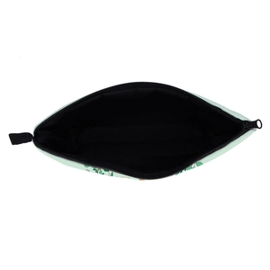 Top view of open makeup bag showing black lining and tropical sloth floral leaf pattern