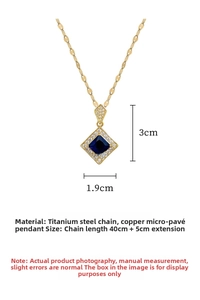 Detail of blue rhombus crystal pendant with micro-pave diamonds on 40cm titanium steel chain