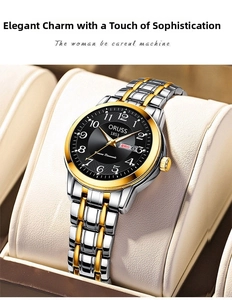 Détail d'une élégante montre à quartz bicolore pour femme avec cadran noir et dateur