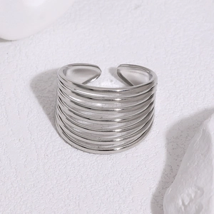 Bague ouverte multi-rangs en acier inoxydable argenté poli au design minimaliste