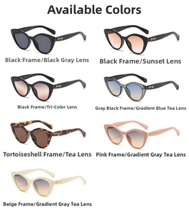 Selection of seven colorful cat-eye sunglasses with diverse lens tints and mw logo temples