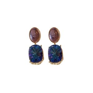 Vintage gold plated geometric earrings with purple and iridescent blue stones for women