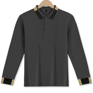 Dark grey long sleeve waffle polo shirt with striped collar and cuffs on wood hanger