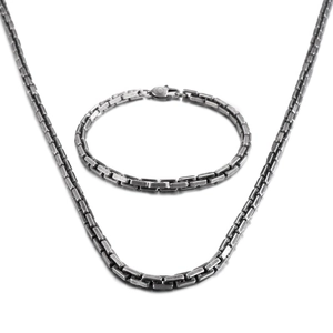 Polished stainless steel chain necklace and bracelet set in vintage silver finish