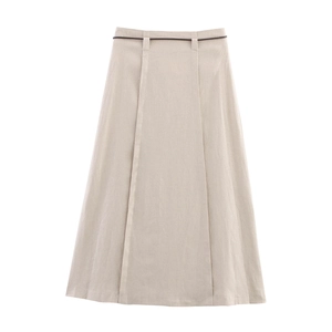Gonna midi linea A da donna in misto lino beige con pieghe e cintura sottile marrone