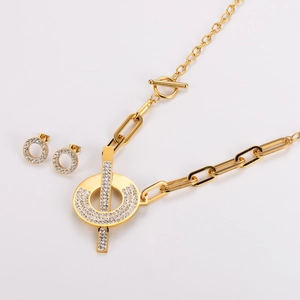 Parure de bijoux en acier 304 avec chaîne trombone pavée de cristaux et fermoir à bascule