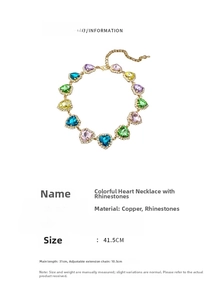 Dettagli della collana con cuori di strass colorati con misure e specifiche del materiale rame
