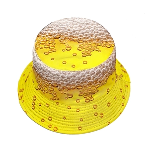 Summer fisherman hat with realistic yellow beer and white foam print on white background