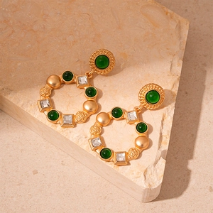 Vintage geometric gold hoop earrings with green resin stones and square diamonds