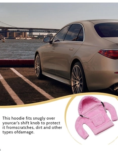 Pink plush hoodie car shifter cover showing soft texture and creative sweatshirt design