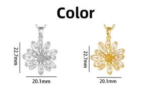 Detailed dimension guide for sunflower pendant necklace with zircon petals in gold and silver