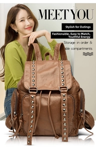 Brown rivet backpack detail showing pebbled faux leather texture and silver stud accents