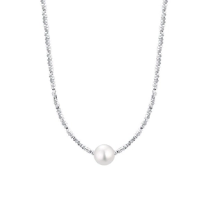Elegant white pearl necklace with delicate silver square link chain for women