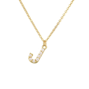Detail of gold letter J pendant necklace featuring delicate small white inlaid pearls