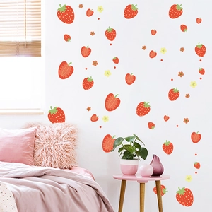 Bedroom wall scene featuring fresh red strawberry decals with flowers and polka dots