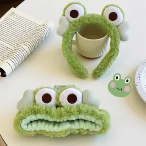 Ensemble bandeau et serre-tête en peluche grenouille verte pour soins du visage