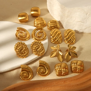 Geometric Stud Earrings 18K Gold Plated Stainless Steel Textured Shell Leaf Spiral Vintage Waterproof Jewelry For Women