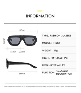 Detailed size chart for stylish black chunky frame sunglasses with full specifications