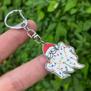 Porte-clés fantôme de Noël en acrylique avec bonnet de Père Noël et lumières colorées