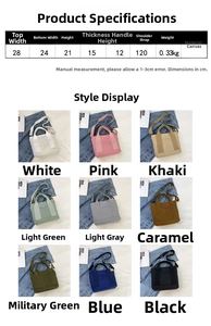 Size guide for canvas tote bag showing dimensions and nine color options available