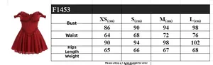 Detailed size chart for lace off-shoulder dress featuring XS to L measurements in cm