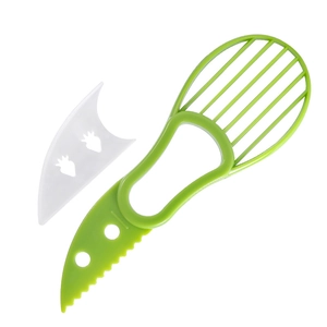 Green and white 3-in-1 avocado slicer tool set for pitting and scooping fruit