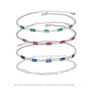 Set of four S925 sterling silver bracelets with colorful rectangular zircon stones
