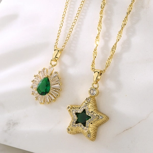 Star Teardrop Pendant Necklace Copper Gold Plated Green Zircon Fashion Jewelry For Women Elegant