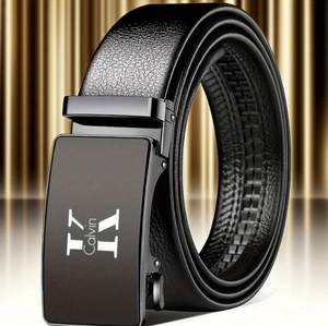 Close-up of black leather belt featuring an automatic alloy buckle with a white logo
