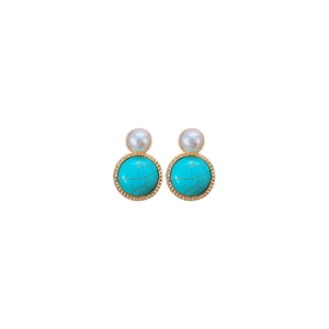 Vintage round pearl and turquoise stud earrings with gold cracked pattern on white background