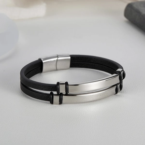 Men's double-layered black woven leather bracelet with polished stainless steel magnetic clasp