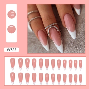 French tip press-on nails in pink and white almond shape, 24-piece full set with W723 label