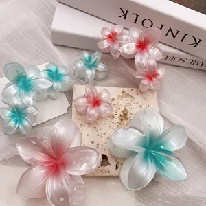 Elegant frangipani hair clips in gradient colors and various sizes on a minimalist setting