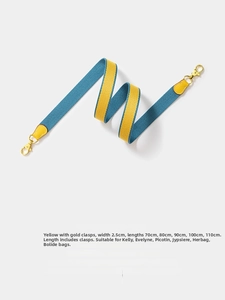 Detail of adjustable blue and yellow canvas strap with leather ends and gold metal clasps