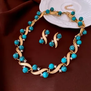 Vintage Turquoise Jewelry Necklace Earrings Alloy With Rhinestone Palace Style For Women Silver Earring Post