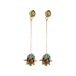 Floral drop earrings with blue enamel, teardrop gems and green bead tassels in gold finish