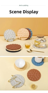 Close-up of silicone heat resistant mats with geometric textures and gold storage rack